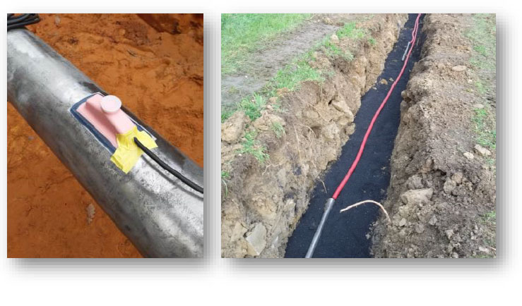 Pose de dispositifs sur canalisation + tranchée avec câbles installés